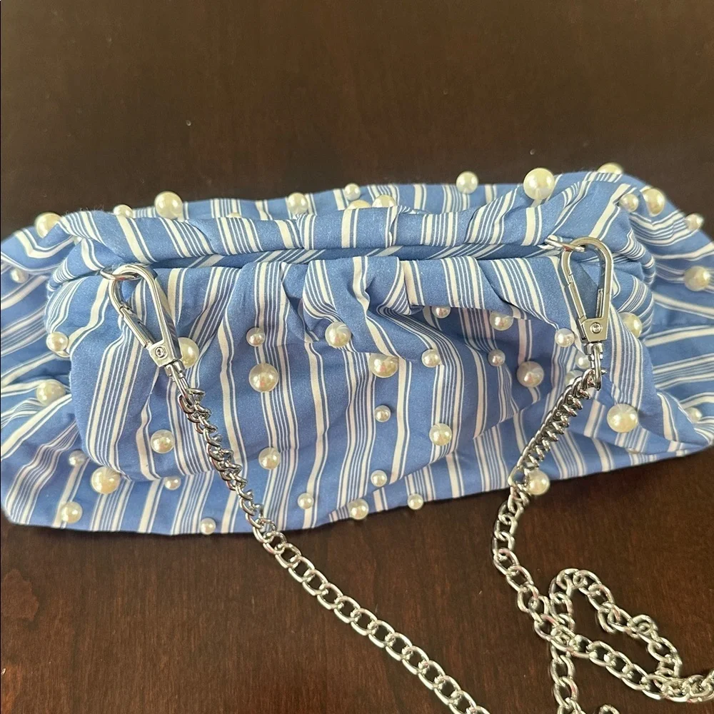 CATO Blue & White Striped Poplin with Pearls Clutch or Chain Crossbody Preppy